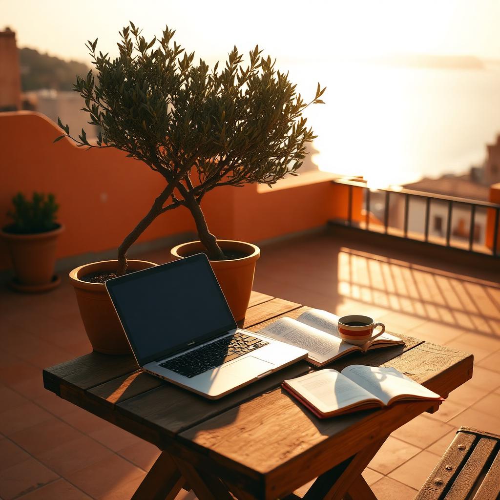 Rooftop workspace at golden hour